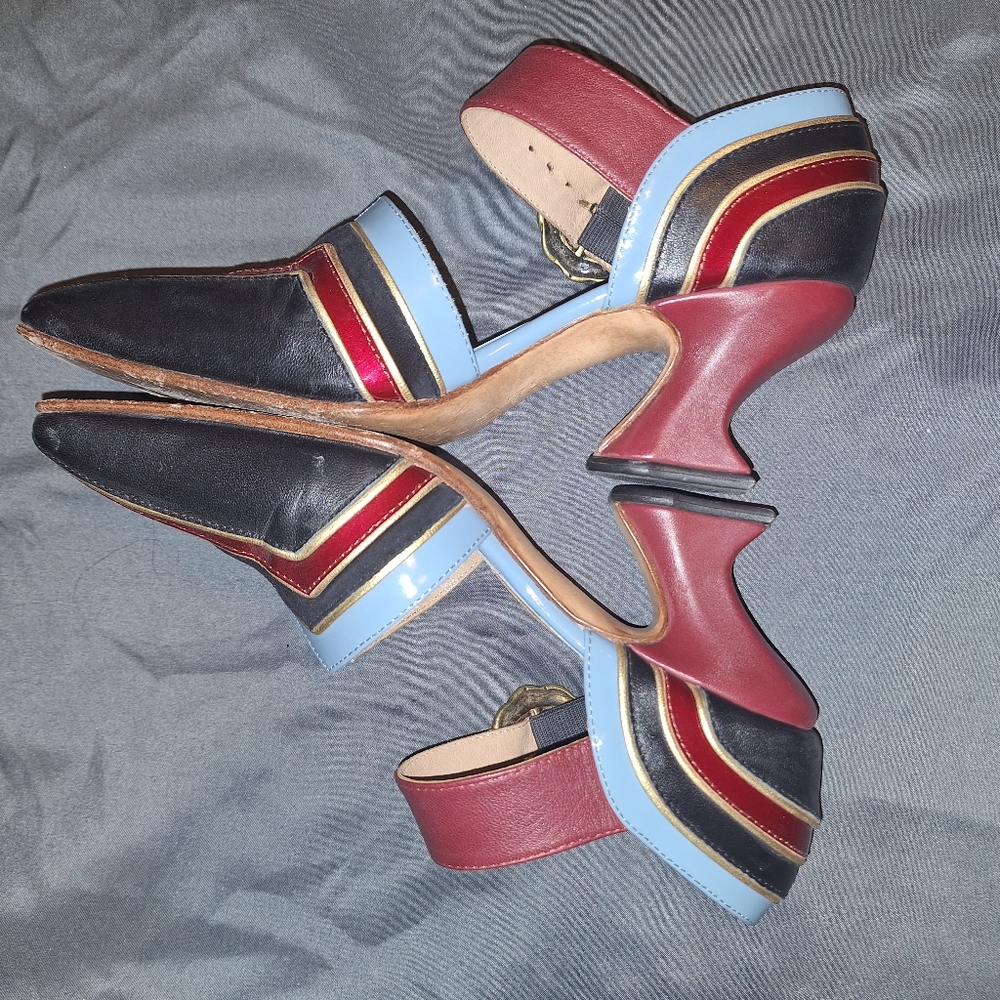 John Fluevog Black, Red & Light Blue Retro Heels